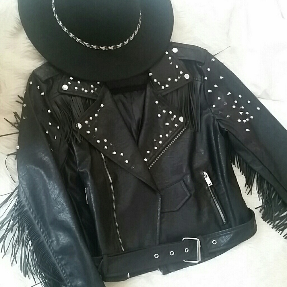 Vegan Leather Stud & Frige Moto Biker Jacket